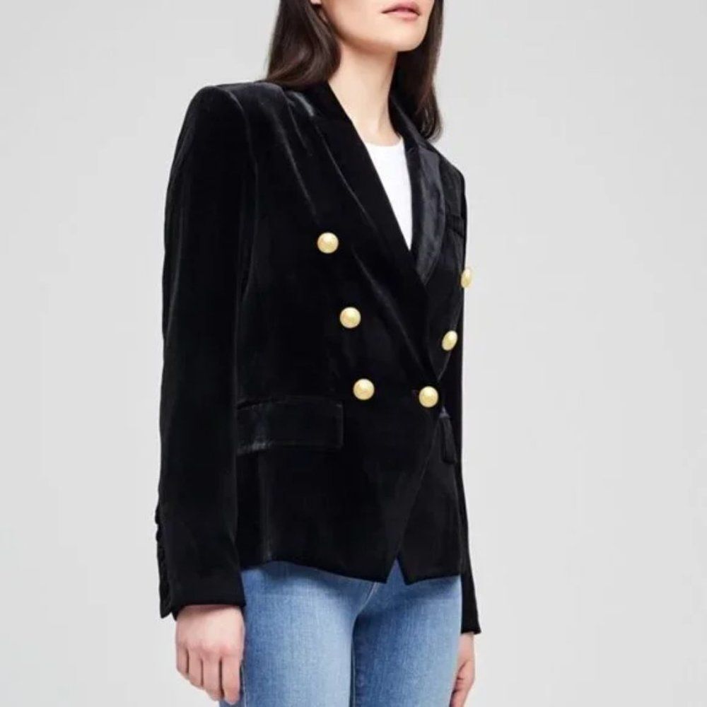 L'AGENCE Black Velvet Double Breasted Kenzie Blazer Jacket